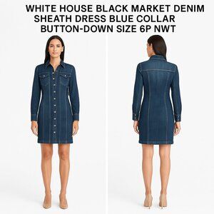 White House Black Market Denim Sheath Dress Blue Collar Button-Down Size 6P NWT